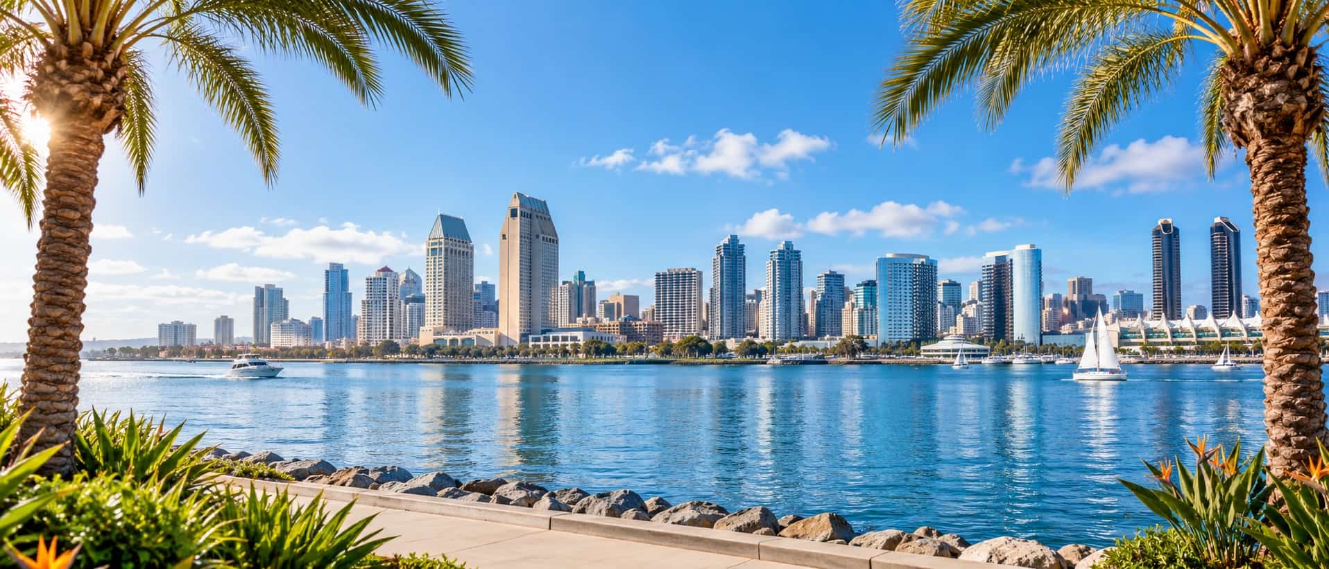 Downtown San Diego skyline across the bay on a sunny day, framed by palm trees