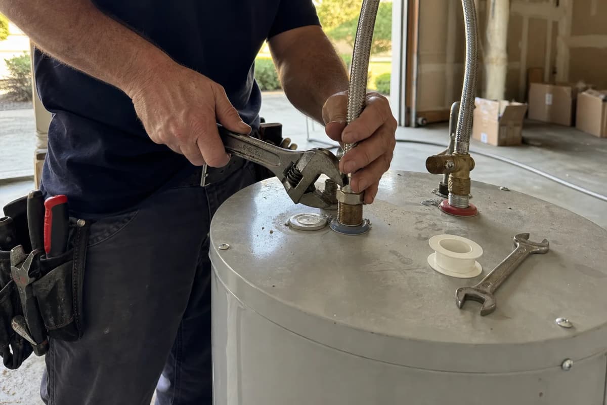 Plumber servicing a residential water heater